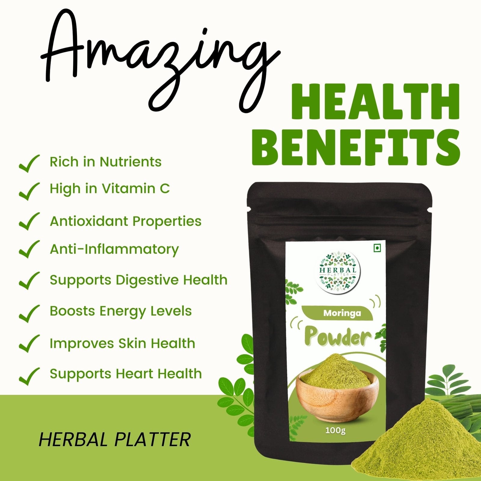 Moringa Leaves Powder 100g | Drumstick Leaf powder | Natural Multi-vitamin | Anti-Oxidant | Good for Hair & Skin | Protein Richโฆ