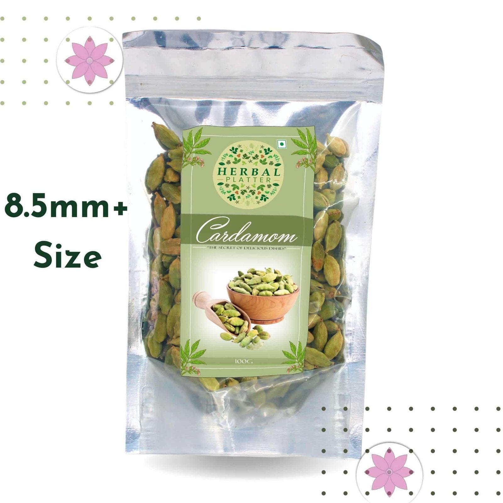 Cardamom 8.5+ Size| Premium Elaichi| Naturally Green | Large Pods| 100g Stand-up Zipper Pouch