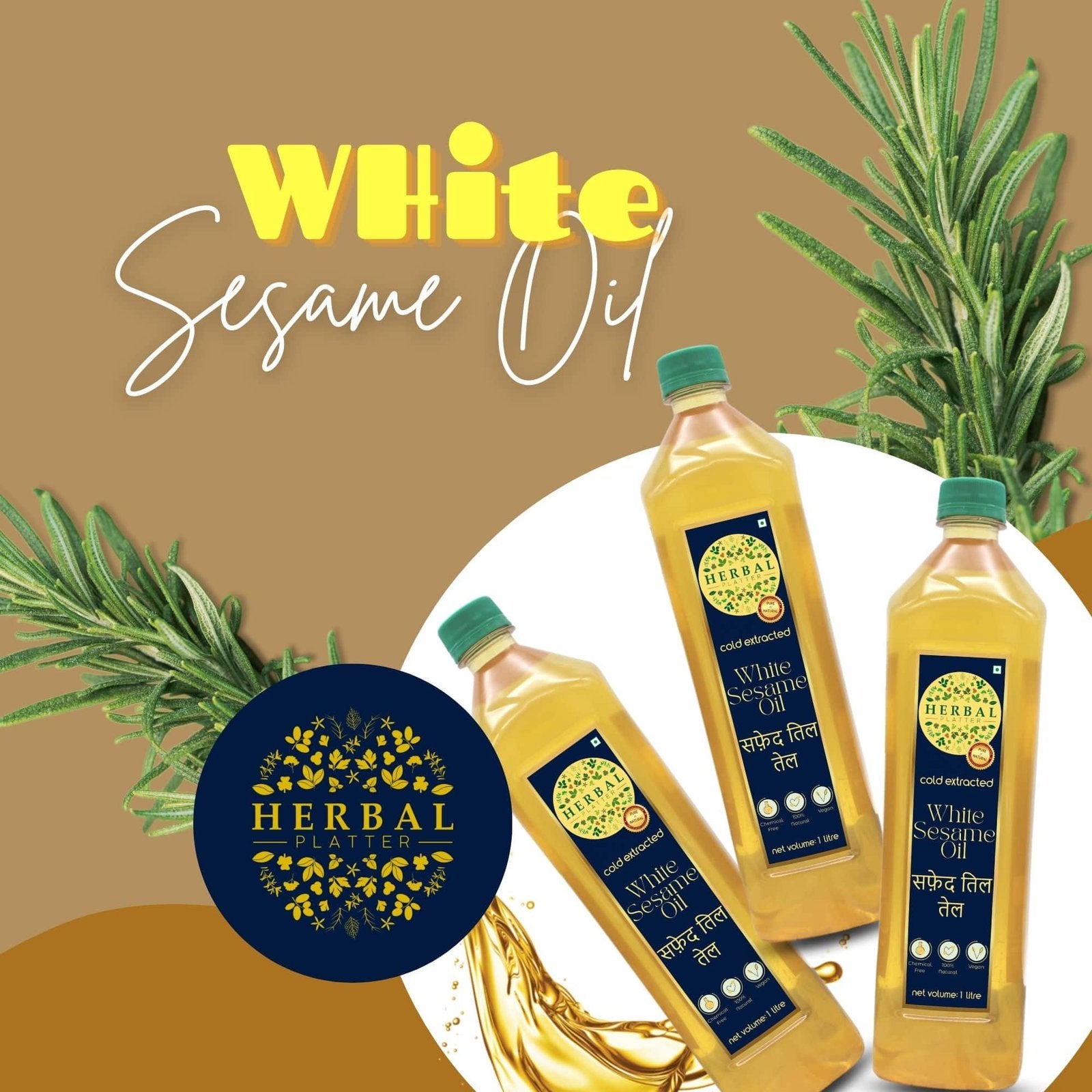 Cold Pressed White Sesame | Gingelly Oil for Cooking 1Ltr | Safed Til Ka Tel | Kachi Ghani Oil