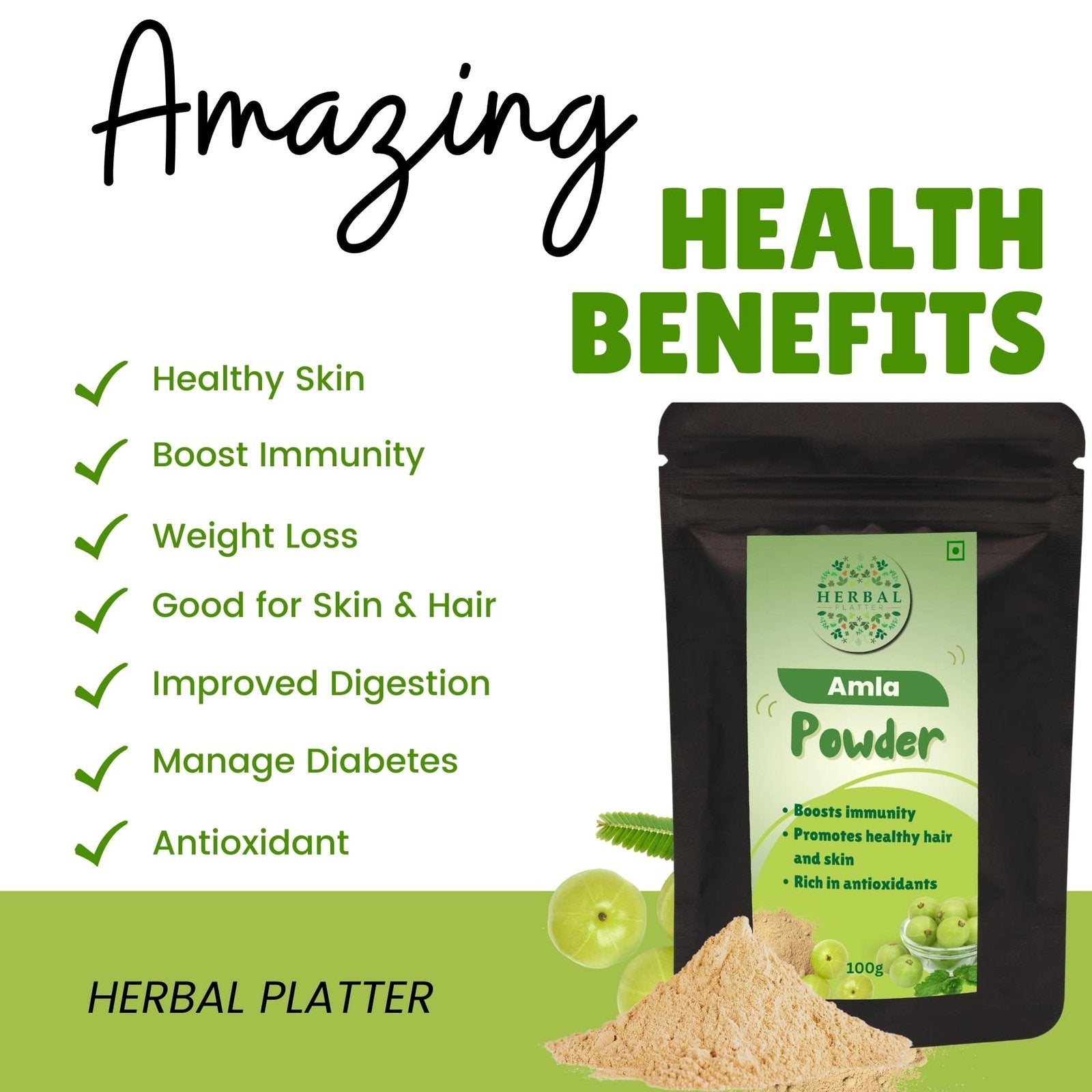 Amla Powder for Immunity, Digestion, Skin and Hair Health, Non-GMO 100g