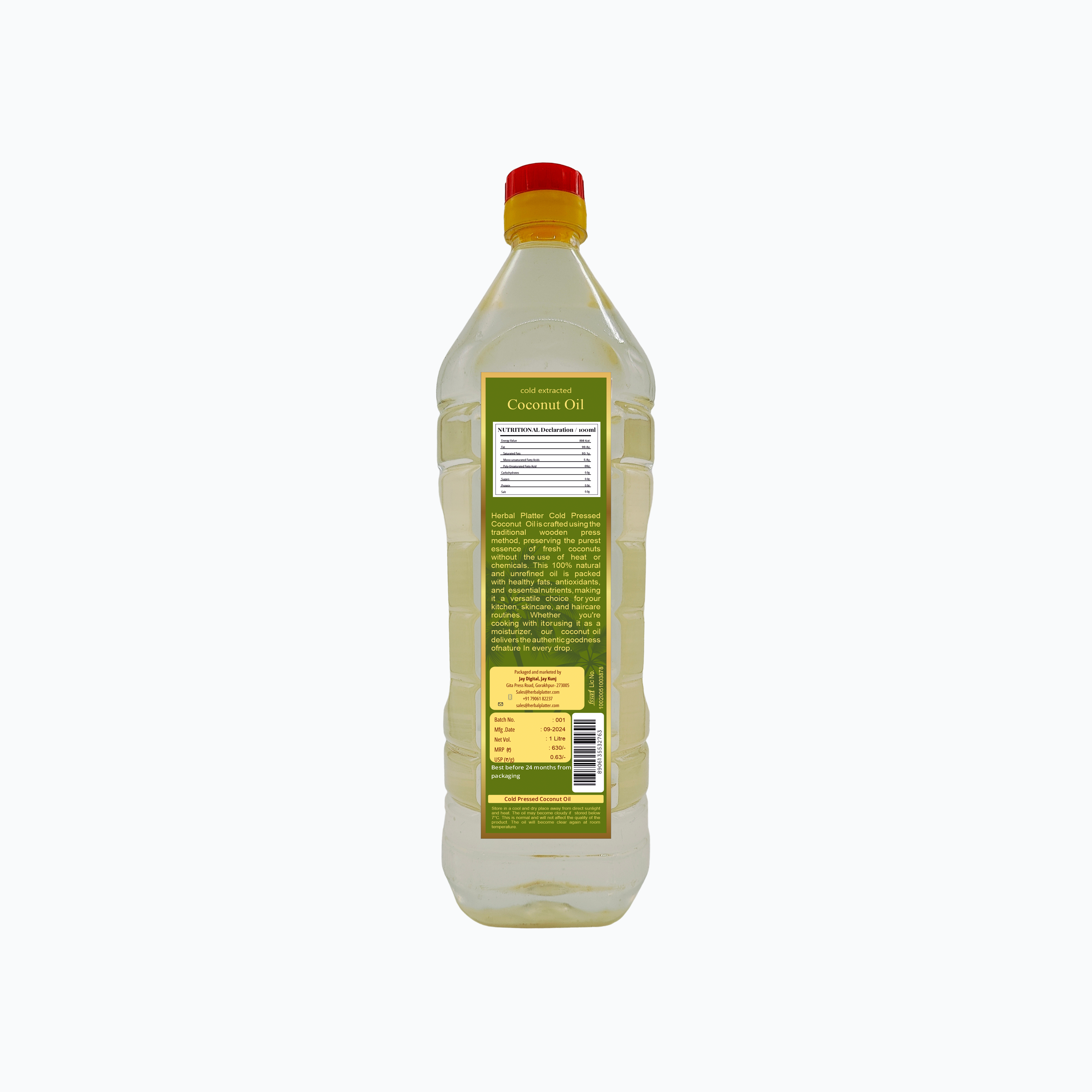 Cold-Pressed Coconut Oil | 100% pure and natural  | 1 Ltr | 500ml